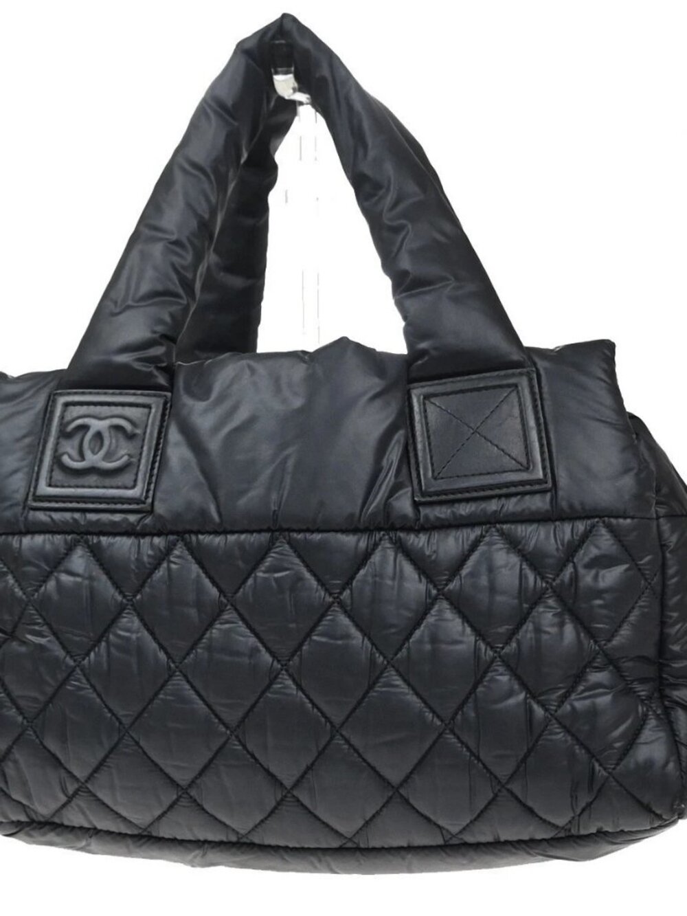 CHANEL CC Logo Coco Cocoon Tote Hand Bag Nylon Leather Black Italy